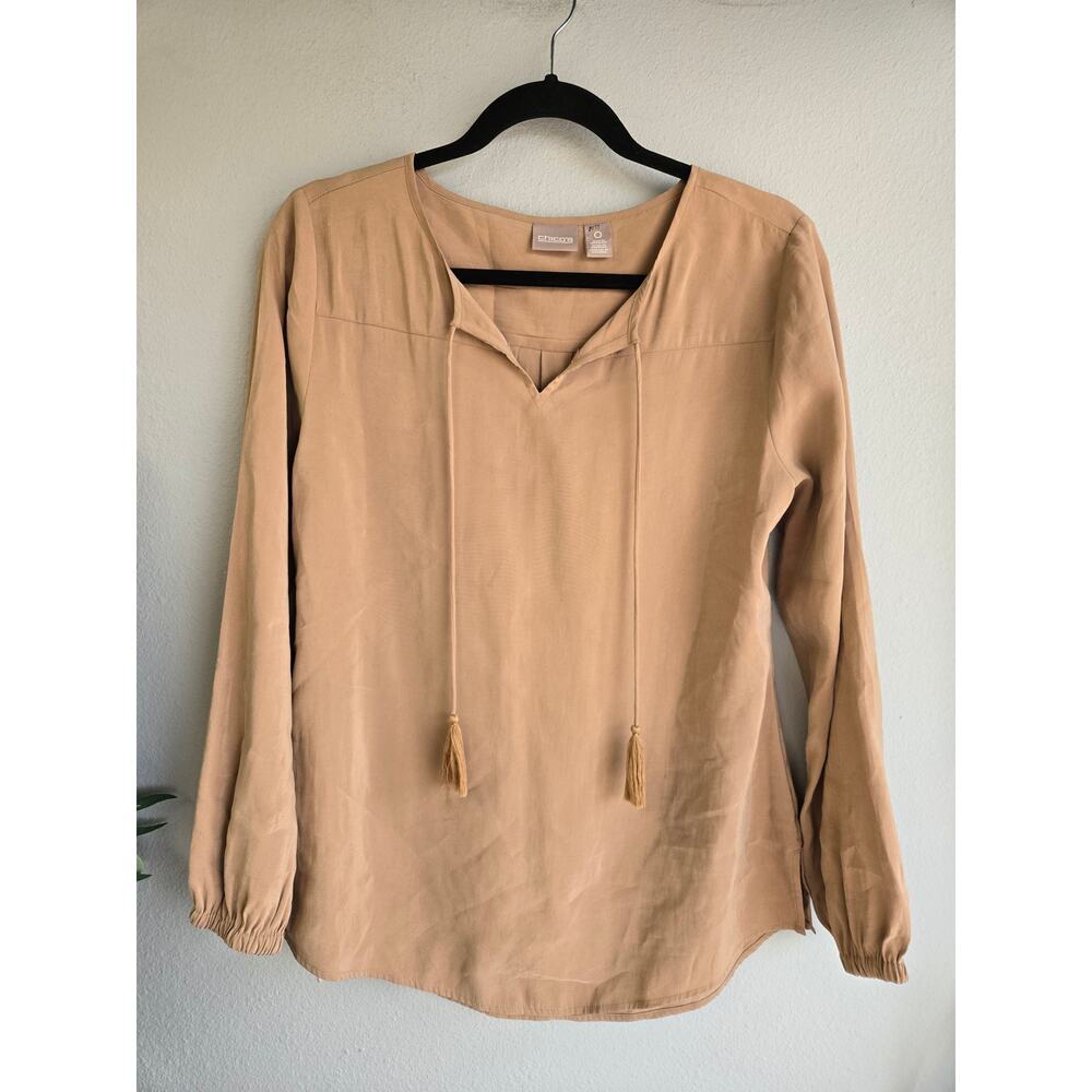 Chico's Tassel Neck‎ Long Sleeve Blouse Tan Beige Modal Blend Size 0 Small